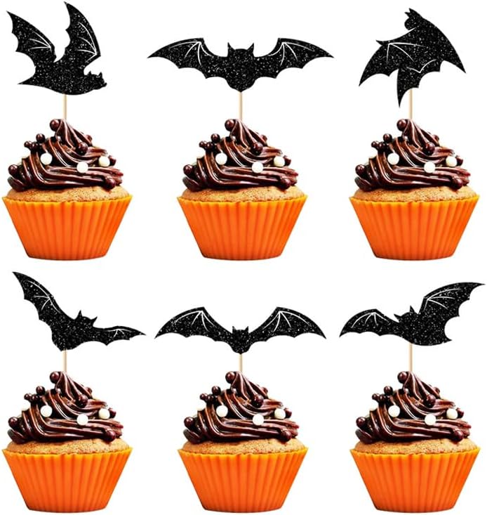 24Pcs Halloween Bat Cupcake Toppers Black Glitter Bat Cupcake Pick for Halloween Theme Baby Shower Kids Birthday Party Cake Decorations Supplies
