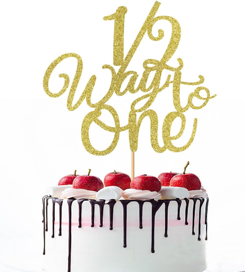 1/2 Way to One Cake Topper,Happy 6 Months Cake Decorations,Half Way to One Cake Topper,Baby Boys Girls 6 Months Birthday Party Decorations (Gold Glitter)