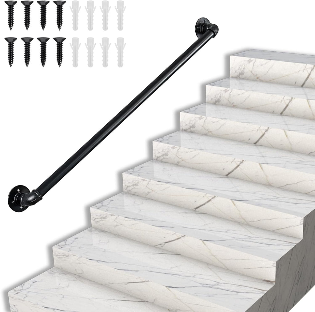Metal Staircase handrails,Industrial Pipe Stair handrail, wall-Mounted Metal Hand Rail，handrails for Indoor Stairs，Garage, Porch, Toilet, Yard and Garden (Black, 1ft)