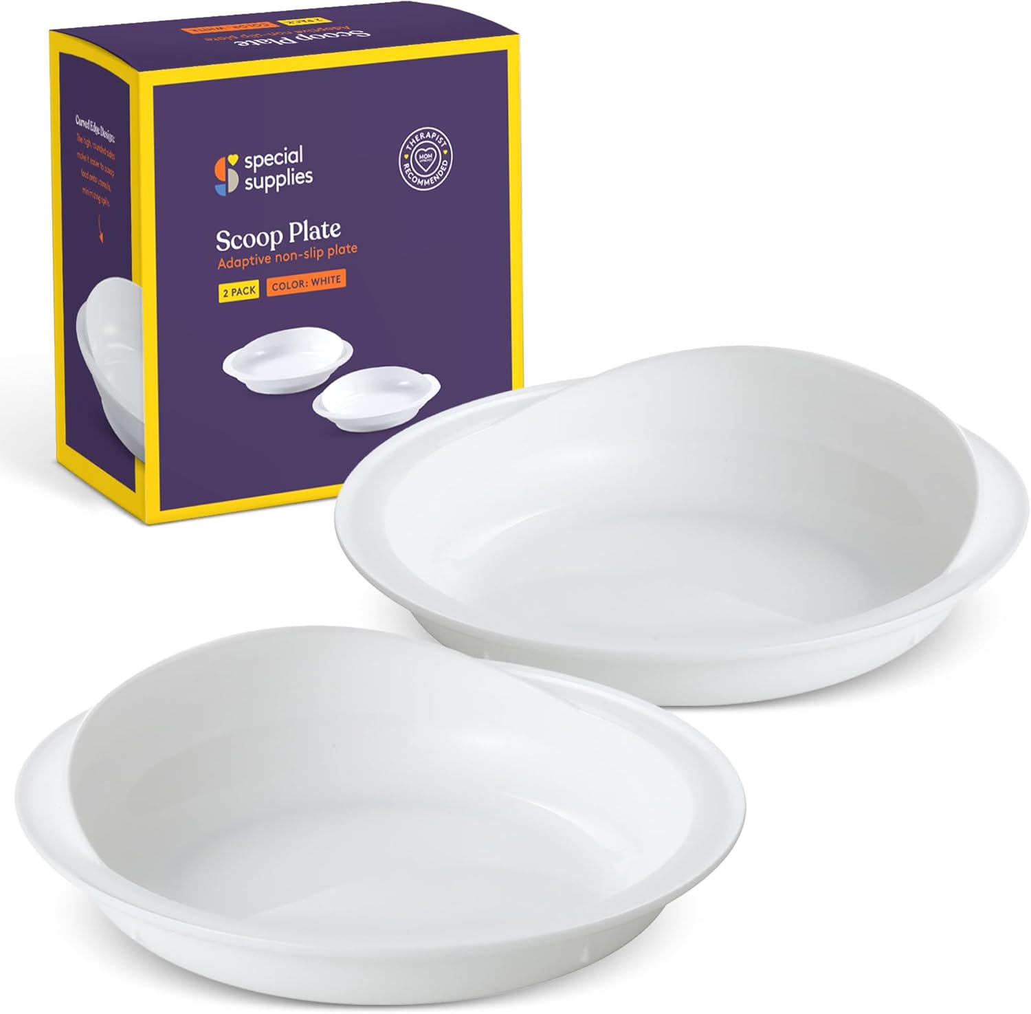 Special Supplies Adaptive Spill-Proof Scoop Plates- Dishes with Wall for Disabled, Handicapped, Elderly Adults with Special Needs from Parkinson's, Arthritis, Dementia, Stroke, Tremors- 2 Pack (White)