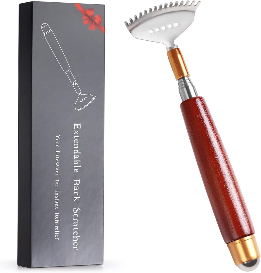 Back Scratcher for Women Men Adults Extendable with Roller Ball & Solid Wood Handle & Sturdy 304 Stainless Steel Claw, Handheld Massager for Face Neck Foot Body