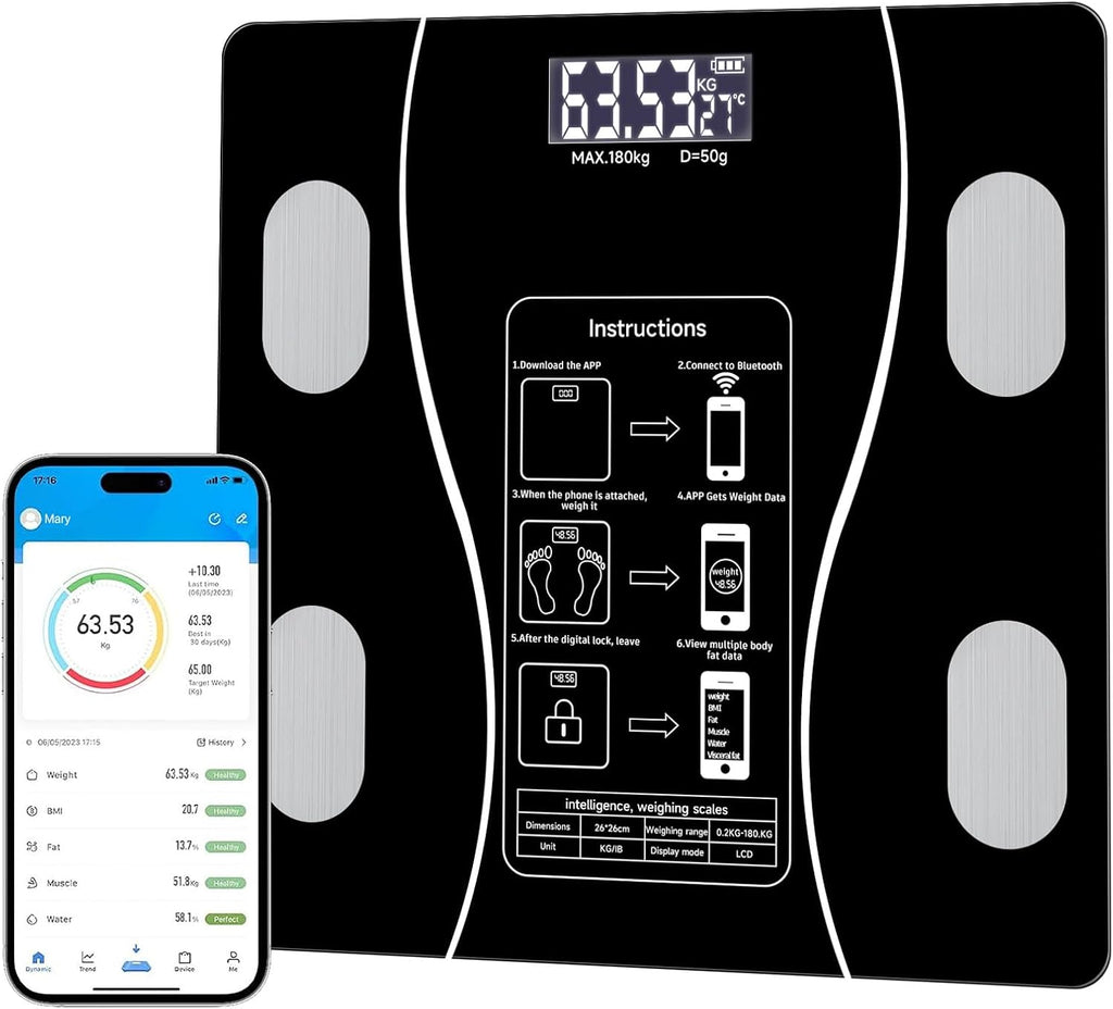 Intelligent Body Fat Scale, a Simple and Practical Digital Scale That can be Connected to a Mobile Digital Bathroom Scale to Display BMI, Body Fat, Muscle Mass, and Durable Weight Scale (Black)