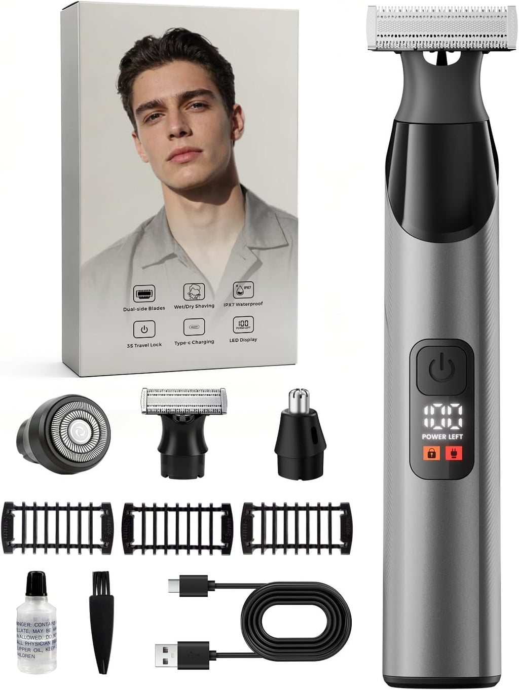 Body Hair Trimmer for Men， All-in-One Grooming Kit with Innovative Perforated Dual-Sided Blade, Detachable Magnetic Head, Suitable for face and Body, IPX7 Waterproof, LED Display