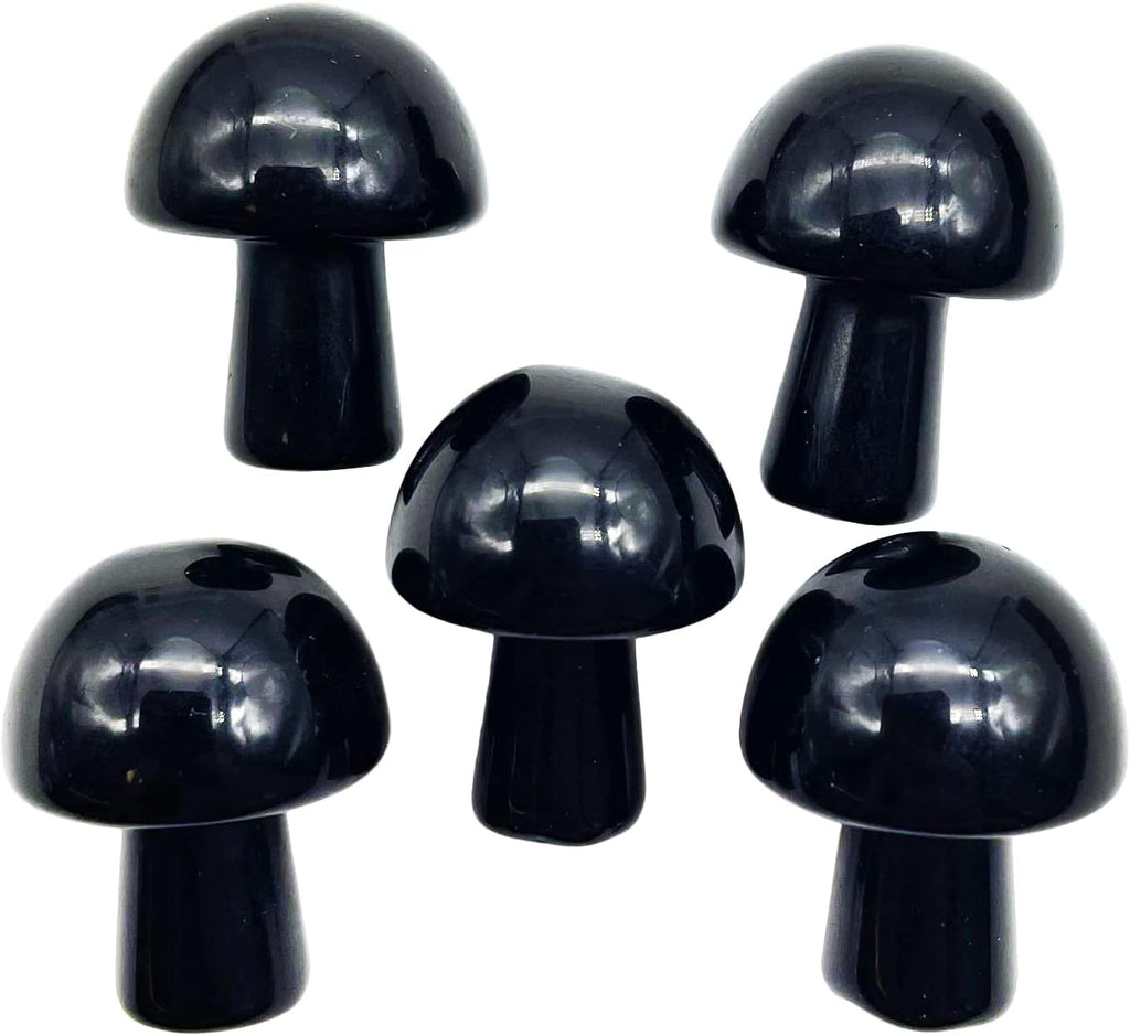 5Pcs Mini Mushroom Shaped Gemstone Statue Figurine, Carved Crystal Stone Mushrooms Crafts for Healing Chakra Reiki Balancing Home Decoration, Black Obsidian