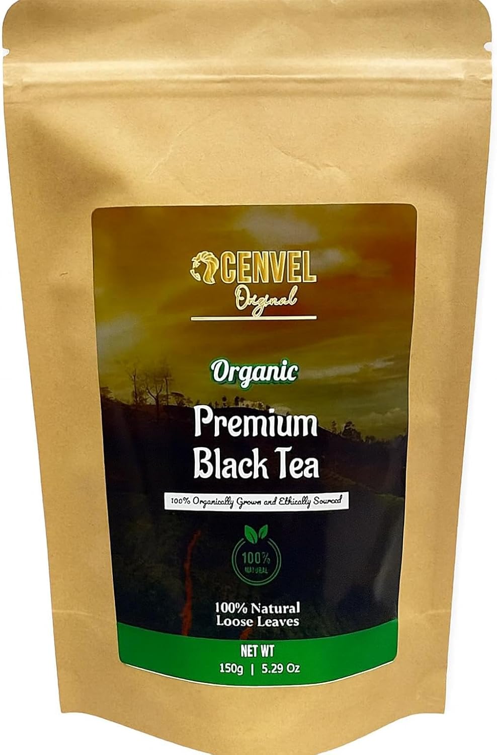 CENVEL® Organic Loose Leaf Luxury Ceylon Black Tea | Freshly Harvested | 5.29 Oz | 100% Pure & Natural Leaves | Eco Friendly Packaging (150g)