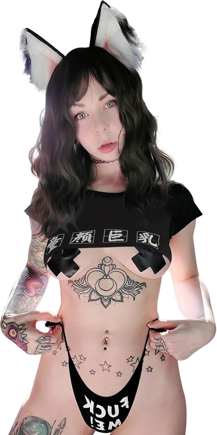YOMORIO Anime Cosplay Lingerie Set for Women - Japanese Style Black Crop Top Underwear for Themed Party
