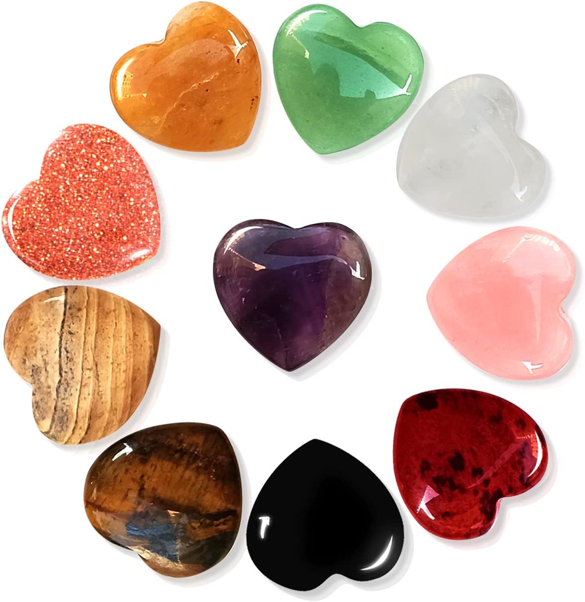 10 PCS Healing Crystals Bulk Natural Stone Heart Shape Amethyst Rose Quartz Tiger Eye Clear Quartz Obsidian Pocket Palm Thumb Gemstone Decor for Garden, Lawn, Flowerpot