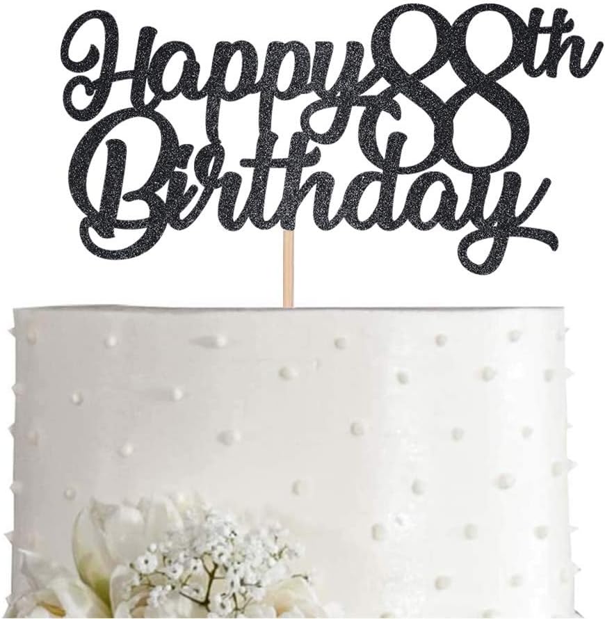 Black Happy 88th Birthday Cake Topper, Black Glitter Cheers To 88 Years Party Cakes Decorations, Supply
