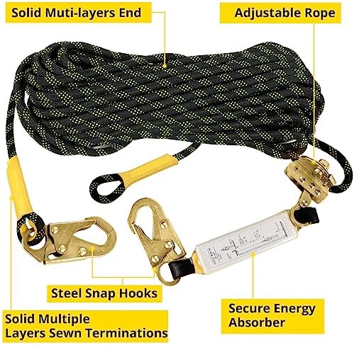 TRSMIMA Rope Harness Safety Lanyard：25ft Vertical Roofing Rope with Grab Snap Hooks Shock Absorber - Fall Protection Tree Climbing Line Kit Heavy Duty Roof Safety Equipment ANSI CE