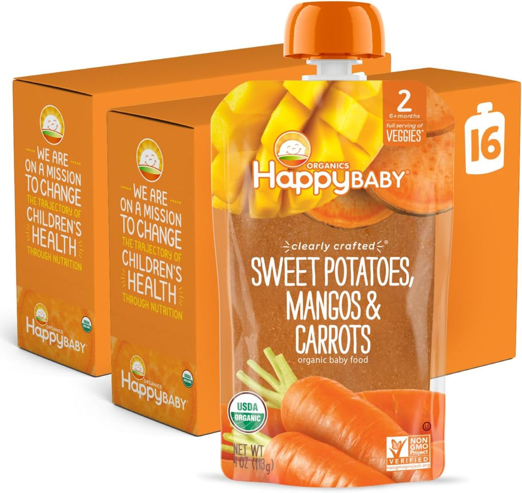 Happy Baby Organics Clearly Crafted Stage 2 Baby Food, Sweet Potatoes, Mangoes & Carrots, 4 Ounce Pouch (Pack of 16)