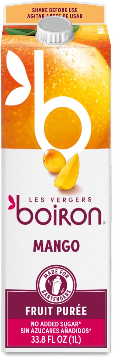 Les Vergers Boiron Mango Fruit Puree Drink Mix, All Natural, No Added Sugar, Non-GMO, No Preservatives, No Added Flavors, Vegan, For Beverages & Cocktails, 1 Liter (33.8 Fl Oz)