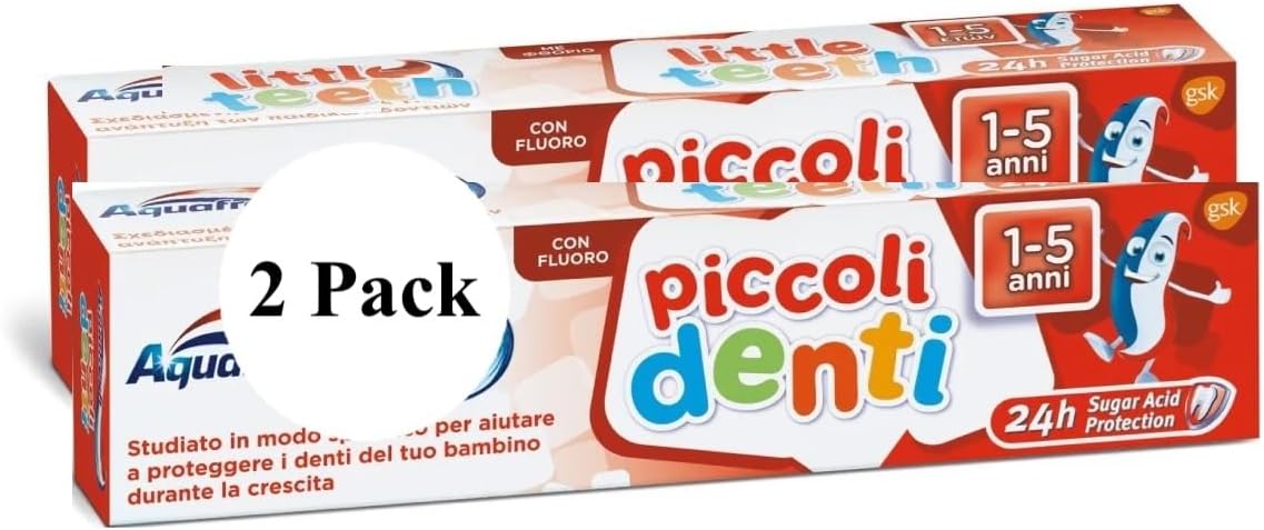 AquafreshToothpaste Little Teeth ~ Piccoli Denti Dentifricio ~ Kids Toothpaste 1-5 Years, Italian Import, 50 ml ~1.7 Oz. (Pack of 2)
