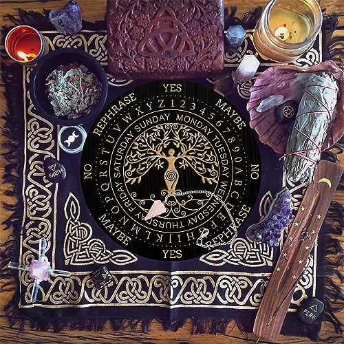 AHANDMAKER Pendulum Board Set, Wooden Dowsing Divination Board Metaphysical Message Board with Crystal Pendulum Necklace for Witchcraft Wiccan Altar Supplies Kit, Tree of Life Pattern