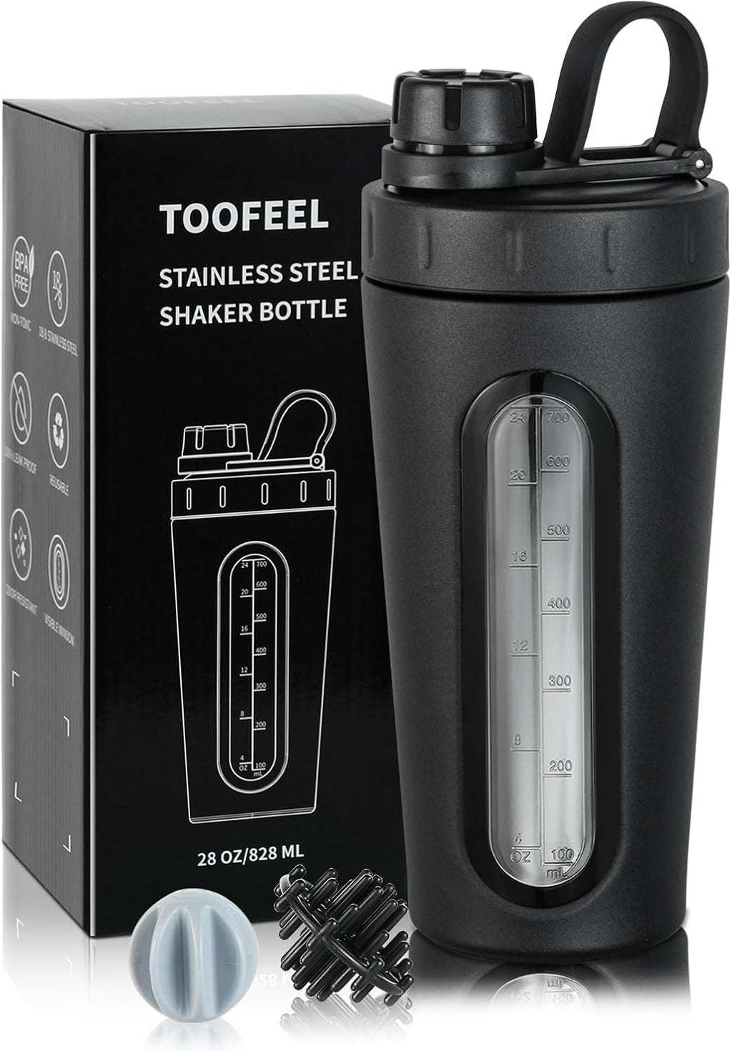 TOOFEEL Stainless Steel Shaker - 28 oz Metal Cup for Protein Shakes, 2 Whisk Balls, Not Stays Cold/Hot, Visible Window, Gym Workout Leakproof