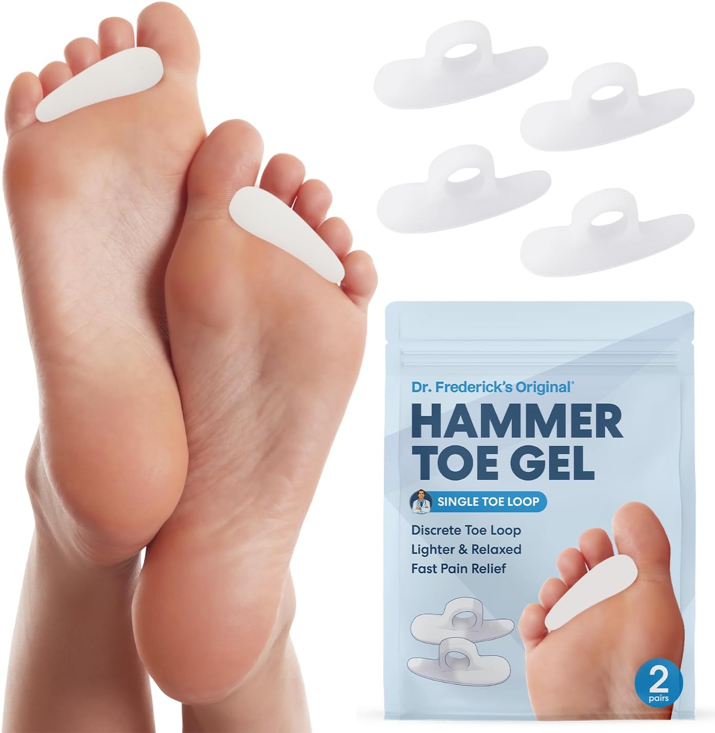 Dr. Frederick's Original Hammer Toe Corrector Gels - 2 Pairs - All-Day Relief for Crooked & Overlapping Toes - Soft Cushioning - Symptomatic Support for Toe Alignment - White - 1 Loop Design