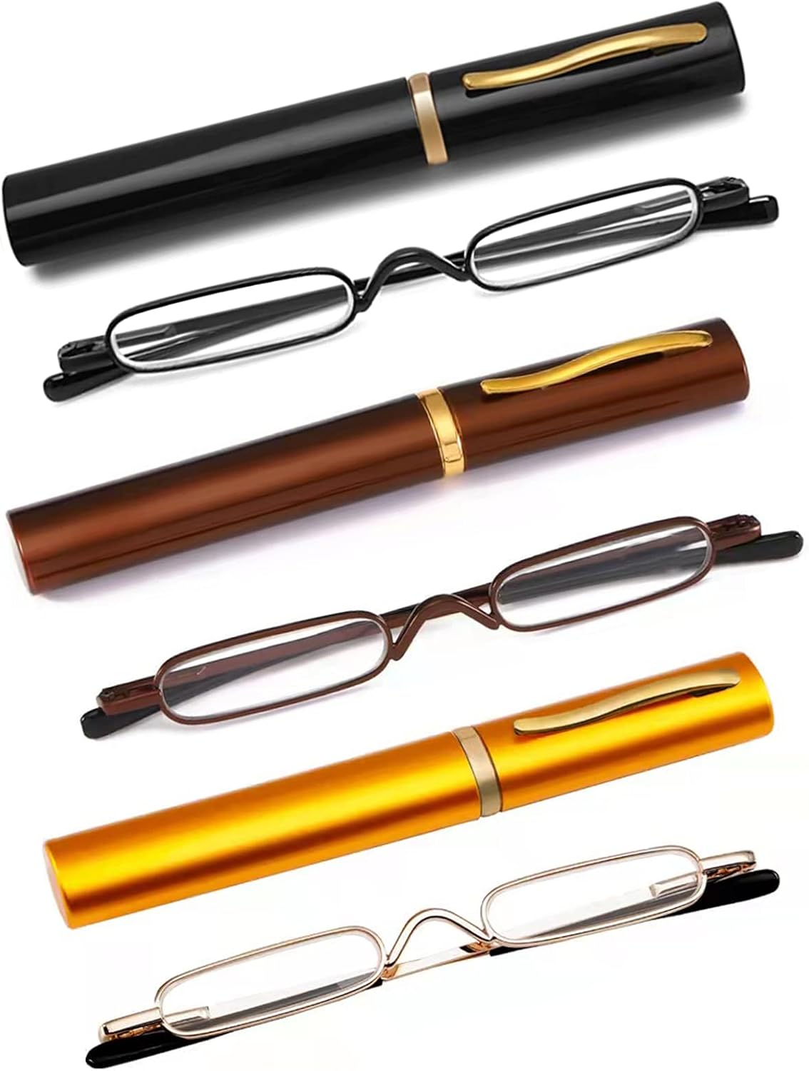 3 Pack Mini Slim Pen Reading Glasses - Compact Readers with Pen Clip Case Spring Hinge Metal Frame Eyeglasses (Black, Brown, Gold, +2.00)