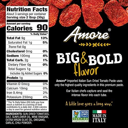 Amore Vegan Sun Dried Tomato Paste In A Tube - Non GMO Certified and Made In Italy 2.8 Ounce (Pack of 12)