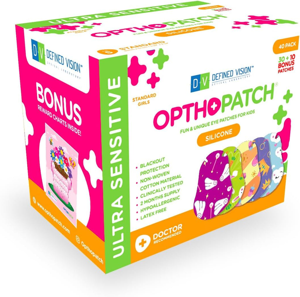 Opthopatch Eye Patches for Kids with Ultra Sensitive Silicone Adhesive, 40 Hypoallergenic Patches for Amblyopia & Lazy Eye, Fun Girl-Friendly Designs, 1 Rewards Chart Included by Defined Vision