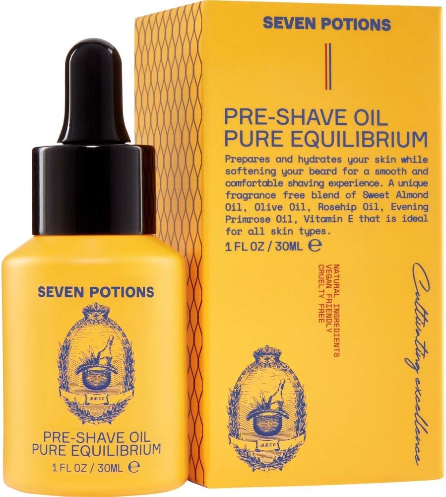 Seven Potions Pre-Shave Oil For Men — Ideal for Sensitive Skin, Helps Prevent Irritation, Lubricates and Protects Face — Natural, Vegan, Cruelty Free (1 Fl Oz)