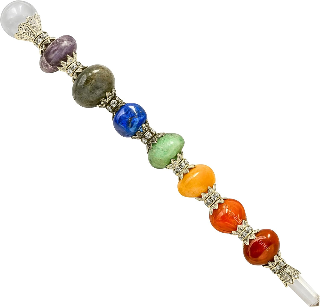 Amazing Gemstone Crystal Chakra Wand Healing Crystal Wands Witchcraft - Chakra Tumbled Crystal Wand for Meditation, Witchcraft, Healing, Yoga, Magic and More - Crystals and Healing Stones Gift