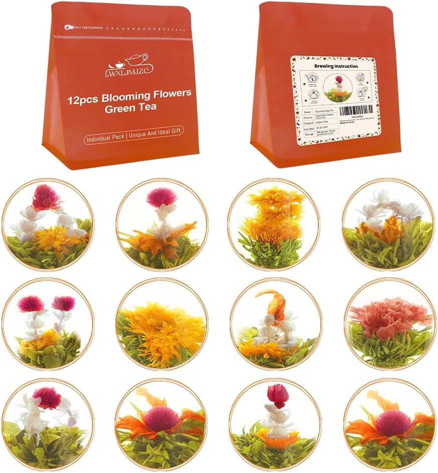 LWXLJMJZC－12 Unique Varieties Blooming Green Tea Ball | Jasmine Flowering Tea | Individual Pack with Flowers－Gifts For Tea Lovers