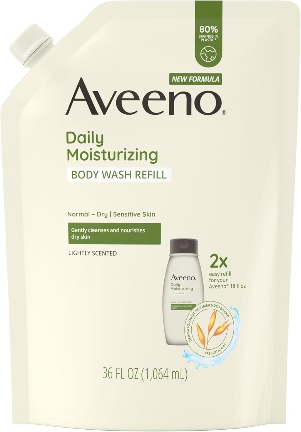 Aveeno Daily Moisturizing Body Wash for Sensitive Skin + Prebiotic Oat, Gently Cleanses, Nourishes & Feels Moisturizing Dry Skin, Light Fragrance, Refill Pouch, 36 fl. oz