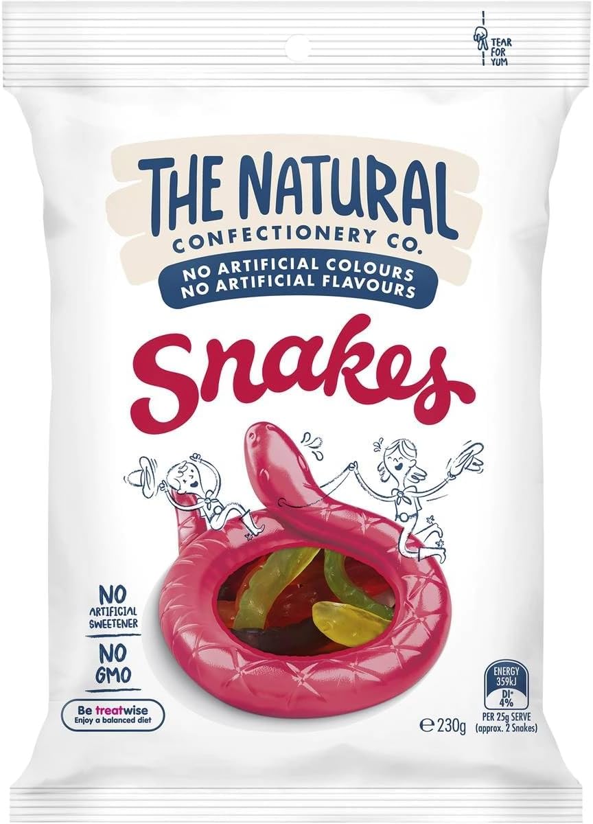 The Natural Confectionery Co. Jelly Snakes 260g - Soft, Chewy Snake shaped colored sweet and sour jellies