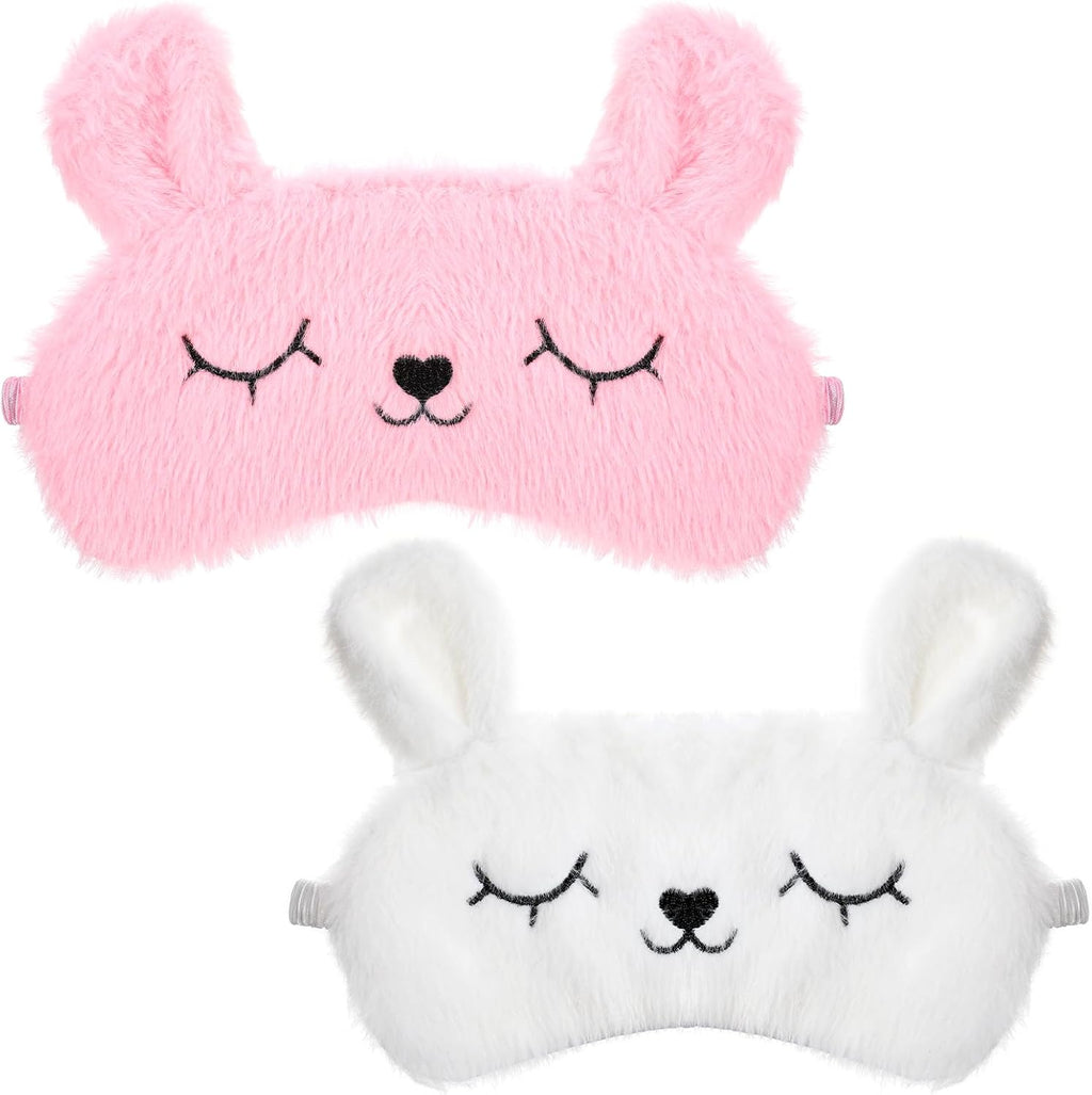 Kids Sleep Mask, 2 Pcs Cute Rabbit Plush Eye Mask Soft Comfortable Kids Eye Mask for Sleeping Funny Animal Eyeshade Cover for Women Girls Home Travel Nap Sleepover Party (White, Pink)