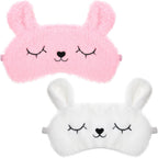 Kids Sleep Mask, 2 Pcs Cute Rabbit Plush Eye Mask Soft Comfortable Kids Eye Mask for Sleeping Funny Animal Eyeshade Cover for Women Girls Home Travel Nap Sleepover Party (White, Pink)