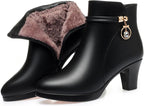 Women'S Leather Mid Block Heel Ankle Boots Fashion Rhinestones Buckle Decor Comfort Warm Fur Lined Side Zipper Chunky Heels Snow Boots
