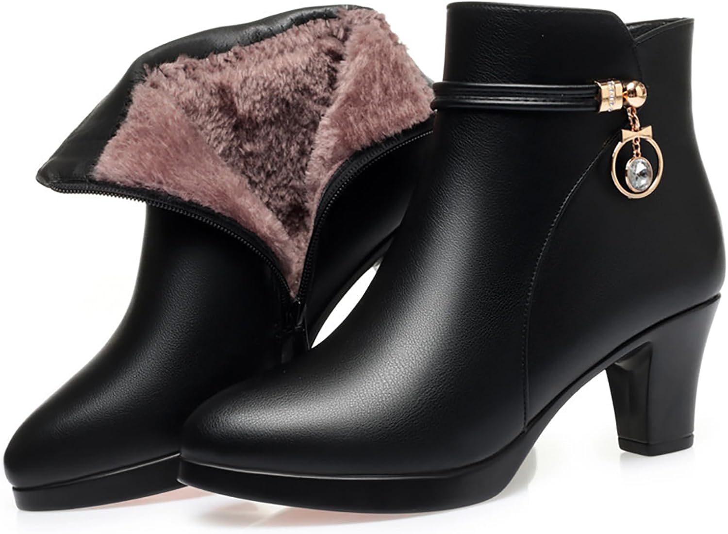 Women'S Leather Mid Block Heel Ankle Boots Fashion Rhinestones Buckle Decor Comfort Warm Fur Lined Side Zipper Chunky Heels Snow Boots