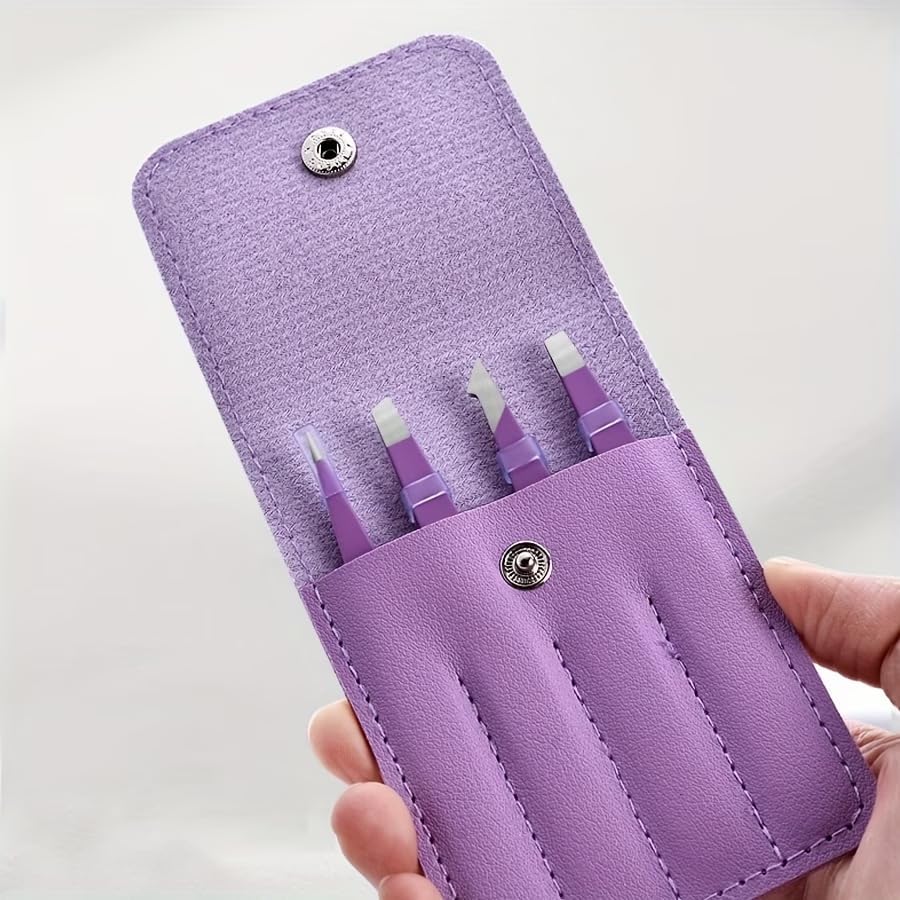 Professional 4-Piece Stainless Steel Tweezers Set for Eyebrow Shaping, Hair Removal, and Makeup Application with Eyelash Extension Clips (Purple)