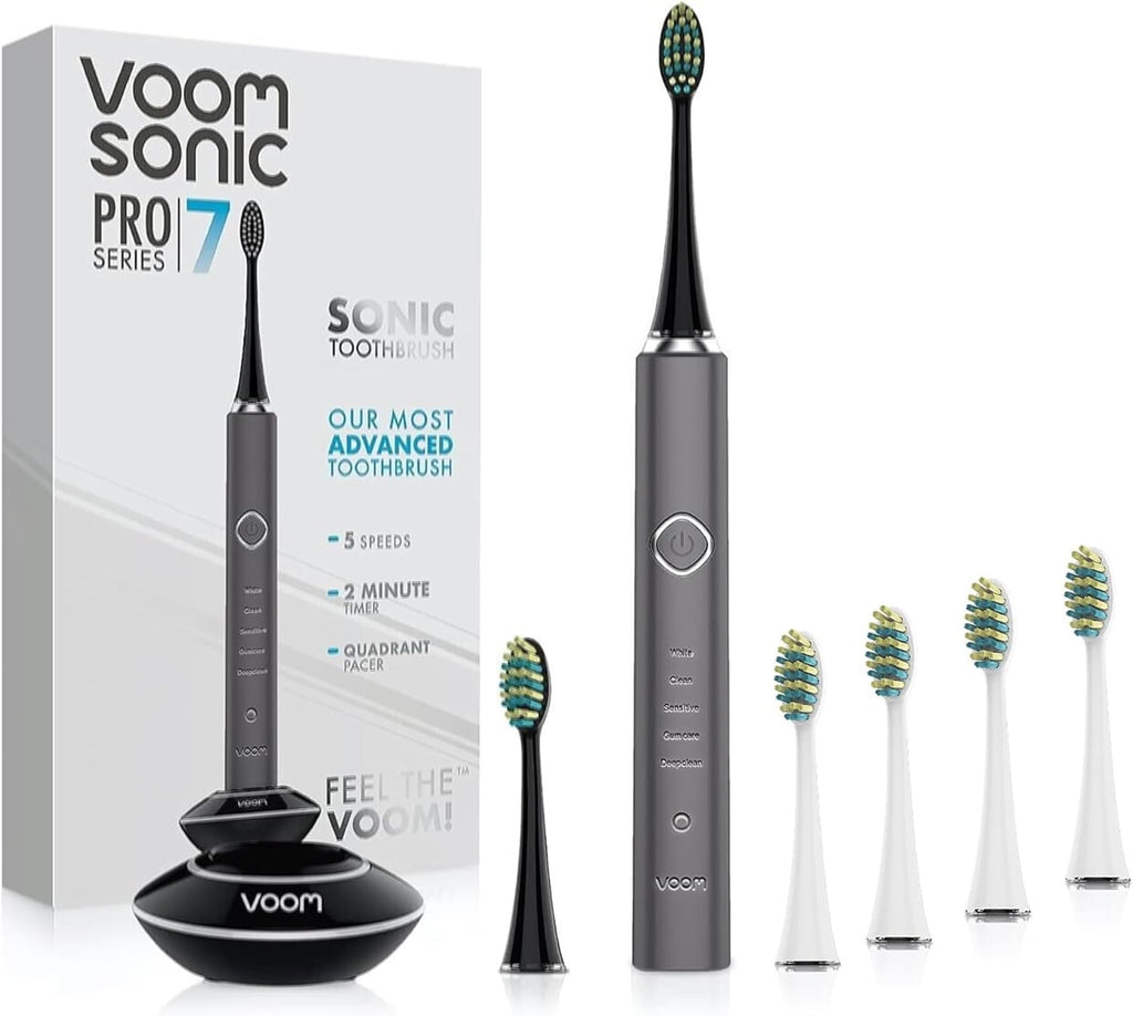 Voom Sonic Pro 7 Rechargeable Electronic Toothbrush + Pro 7 Series Replacement Brush Heads - 2-Minute Timer with Quadrant Pacing & 5 Adjustable Speeds,Soft Dupont Nylon Bristles Oral Care - Sliver