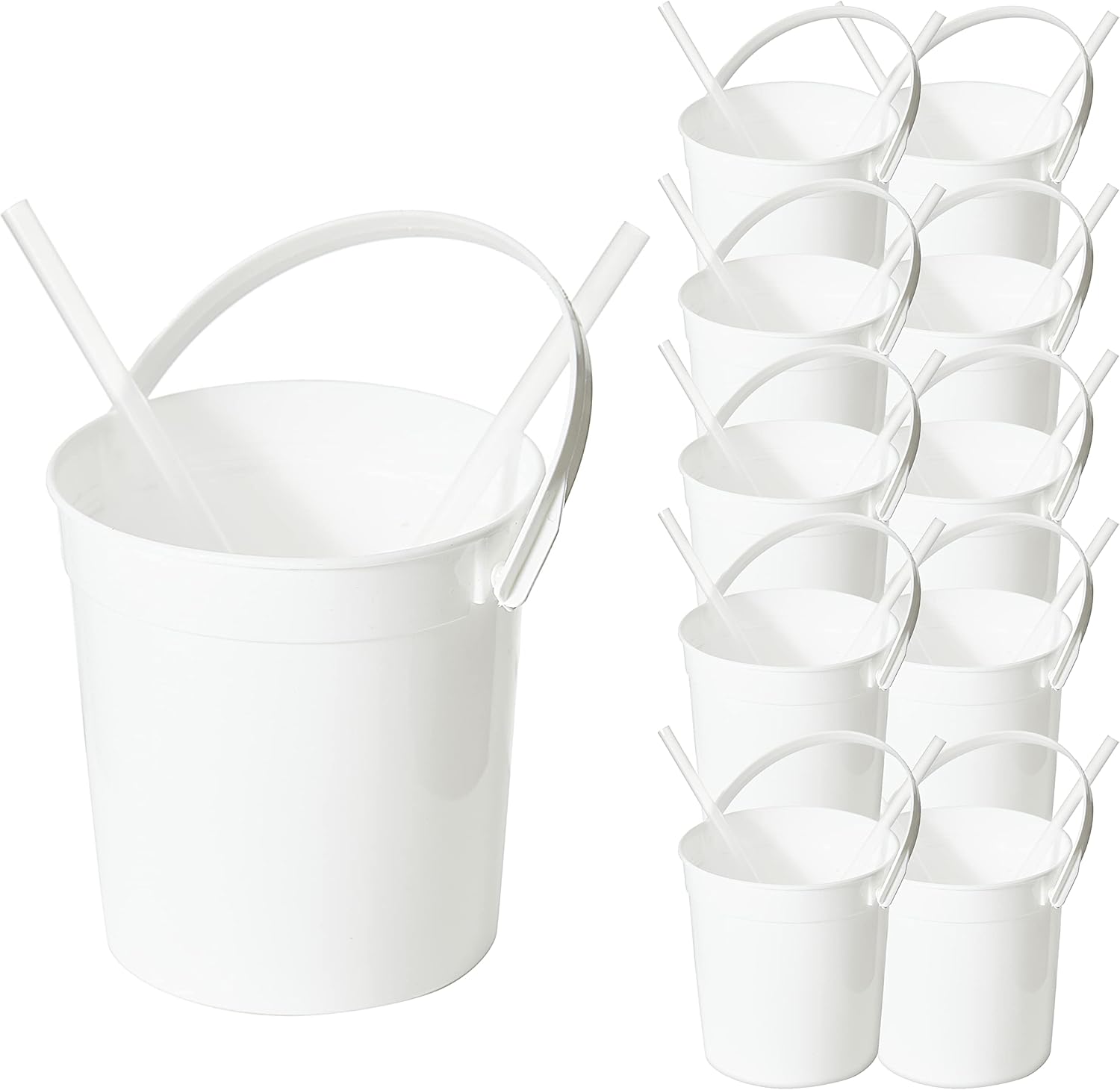 Plastic Rum Buckets for Drinks （10PACK ） Drink Buckets for Parties Reusable Punch Bowls with Straw（32oz） (White)