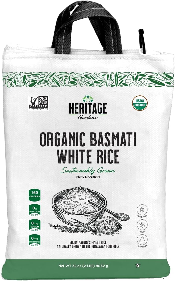 Heritage Gardens Organic White Basmati Rice 80 oz (5 lb) – Extra Long Grain, Non-GMO, Gluten Free, Low-Arsenic, Fluffy & Non-Sticky – Himalayan Grown Premium Basmati