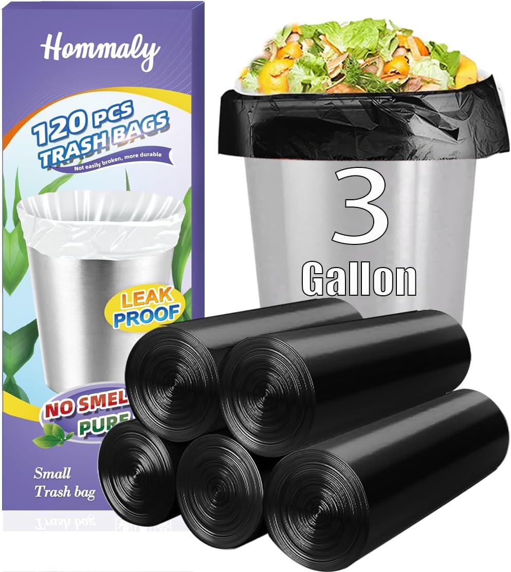3 Gallon 120pcs Small black Trash Bags(Fit 3-3.2 Gal) Plastic Strong black Garbage Bags,Bathroom Trash Can Bin Liners,Waste Basket Liner,Fit 10-13 Liter, 2.6 Gallon,3 Gallon,3.2Gallon (3-Black120)