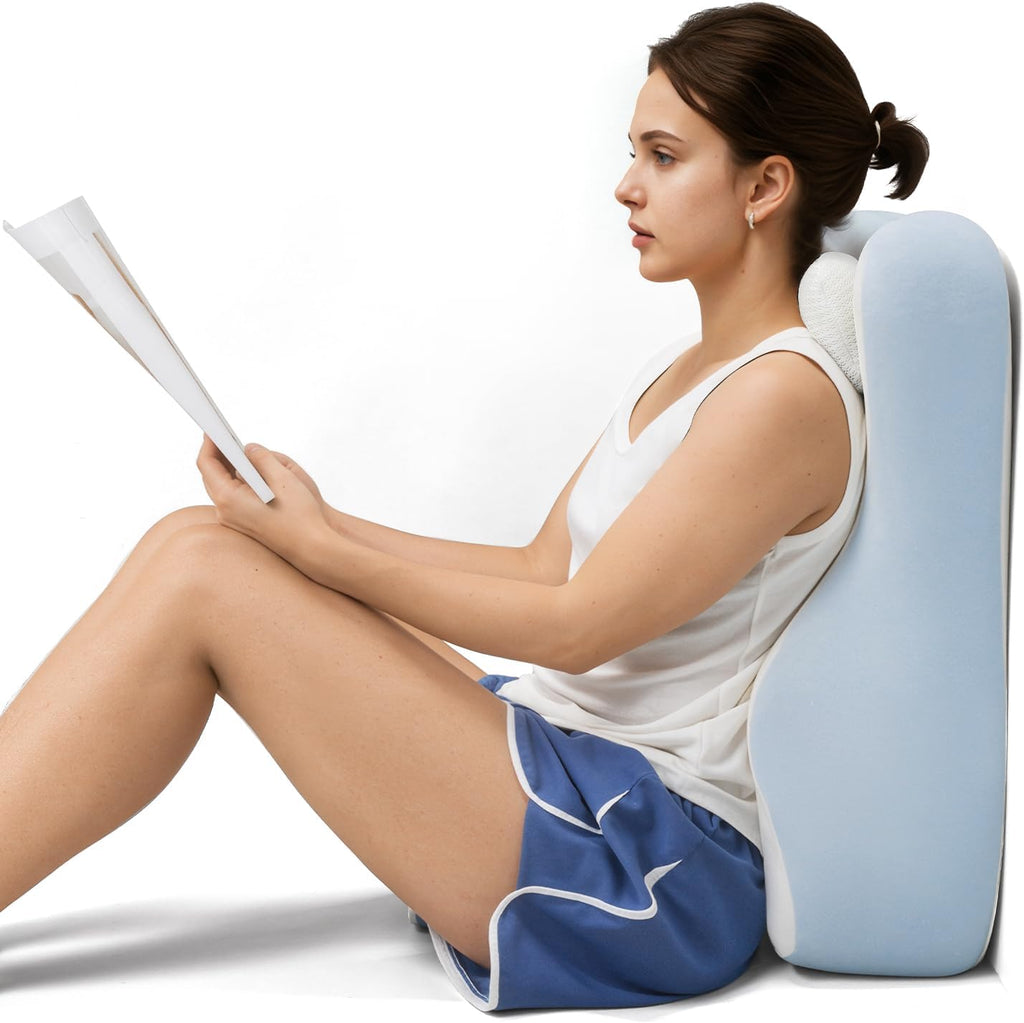 Ergonomic S Curve Reading Pillow for Sitting in Bed Adult- Back Pillow for Bed Sitting up with Adjustable Headrest- Memory Foam White, Blue