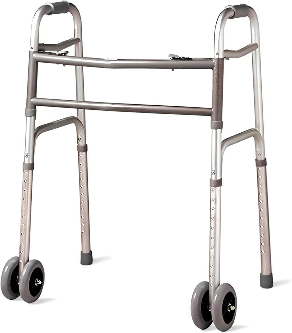Bariatric Heavy-Duty Folding Walker with Wheels for Seniors, Adults, Extra Wide Front Wheel Walker (2 5-Inch Wheels), and Free 2 Pairs of Rear Glides Heavy Duty Sizes. Sized for Adults up to 450 lbs