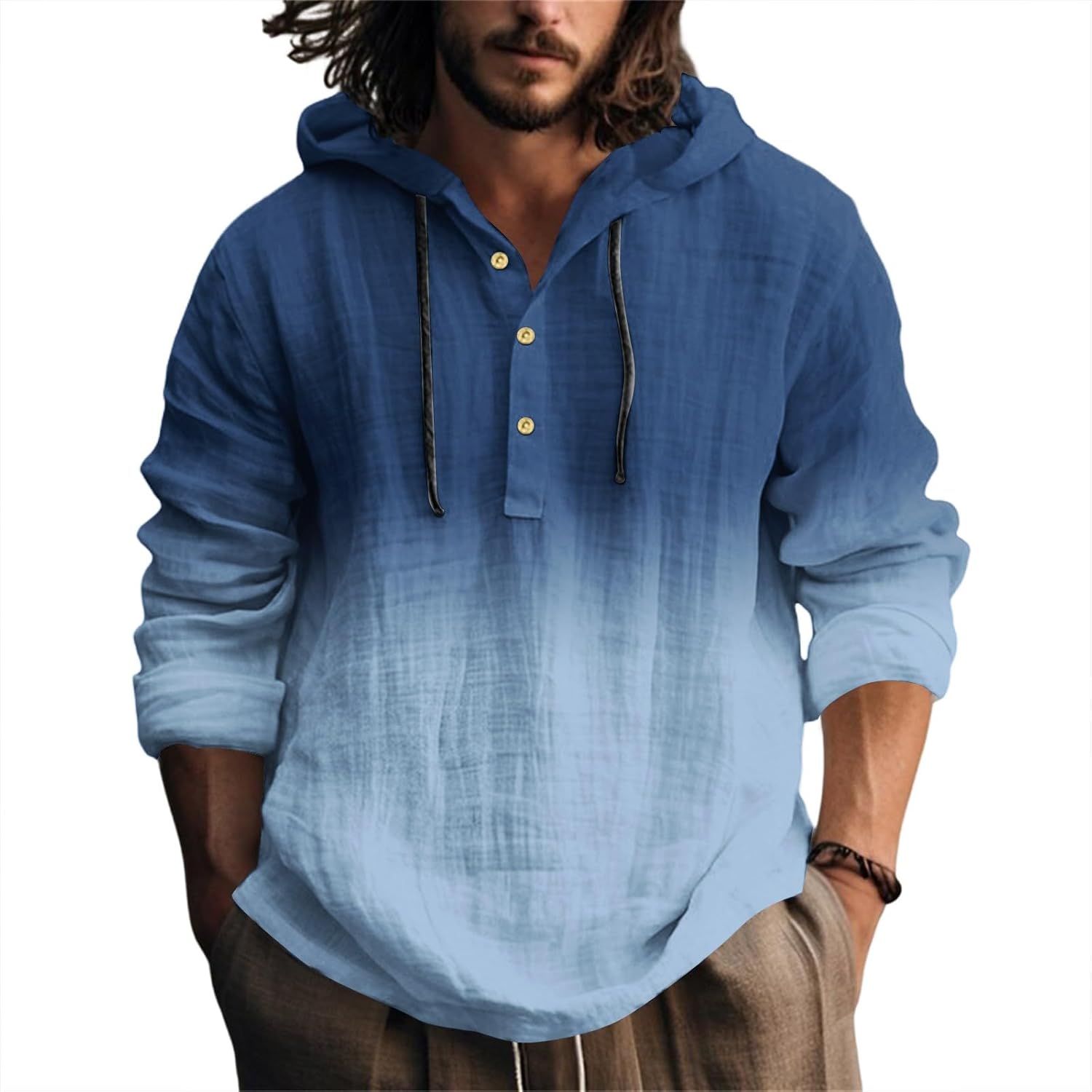 Ymosrh Men's Long Sleeve Cotton Linen Henley Hoodie Shirts Casual Breathable Button, S-2XL