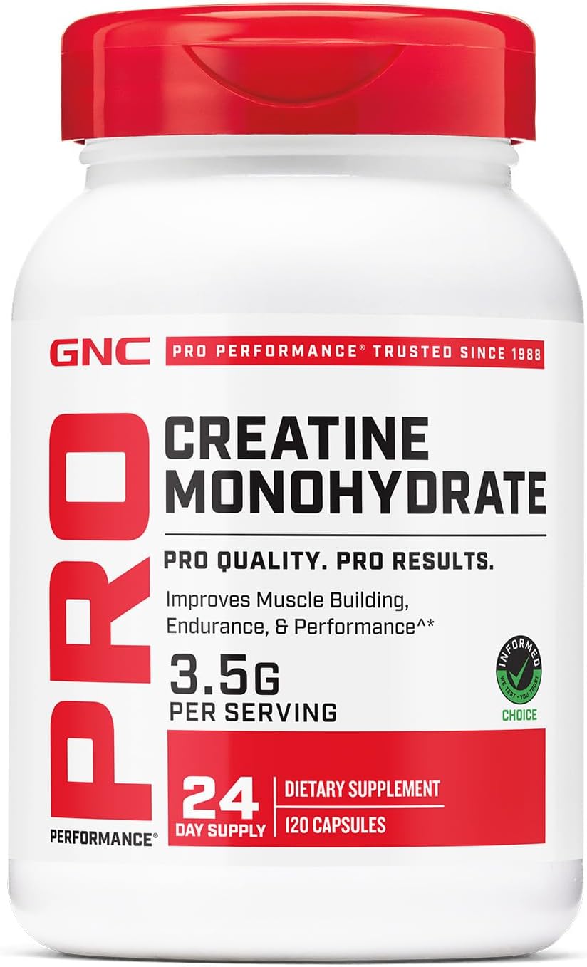 GNC Pro Performance Creatine Monohydrate, Improves Muscle Building, Endurance, Performance, 3.5g, 120 Capsules