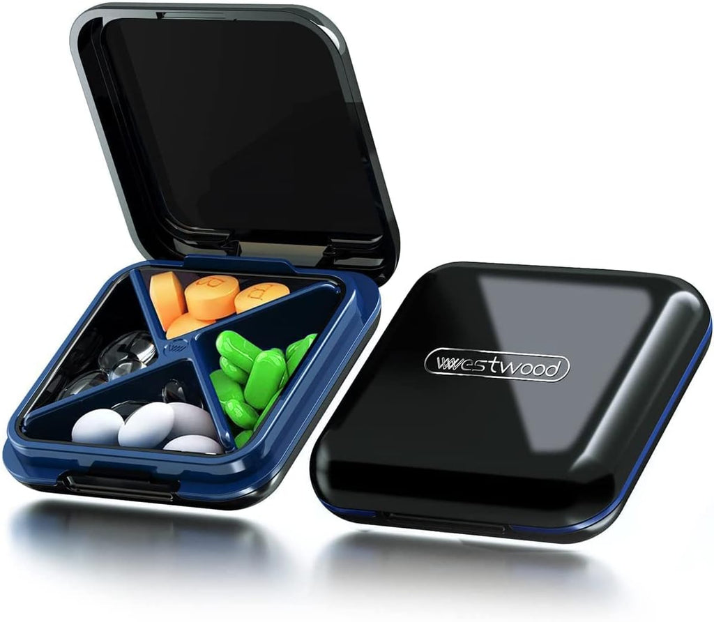 Black 4-Compartment Waterproof Pill Box Organizer - Travel Portable Medicine Box, BPA Free Pill Container for Vitamins, Fish Oils, Supplements