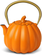 VICSKY Orange Pumpkin Cast Iron Teapot - Japanese Tetsubin Tea Kettle Stovetop Safe | Enameled Interior & Extended Infuser for Loose Leaf and Tea Bags | Cute Creative Halloween (40oz/1200ml)