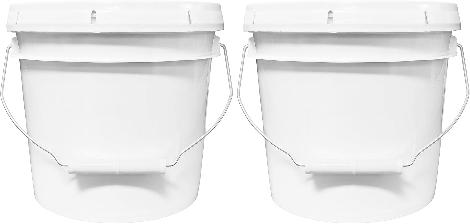 MKS Plastics 1-Gallon Bucket with Airtight Lid – Made in USA, Food Grade BPA Free Plastic, Heavy Duty Multi-Use, Metal Handle with Grip, Stackable Storage – White, 2 Pack
