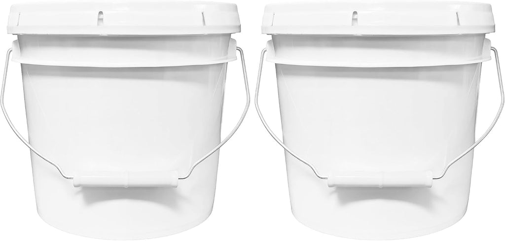 MKS Plastics 1-Gallon Bucket with Airtight Lid – Made in USA, Food Grade BPA Free Plastic, Heavy Duty Multi-Use, Metal Handle with Grip, Stackable Storage – White, 2 Pack