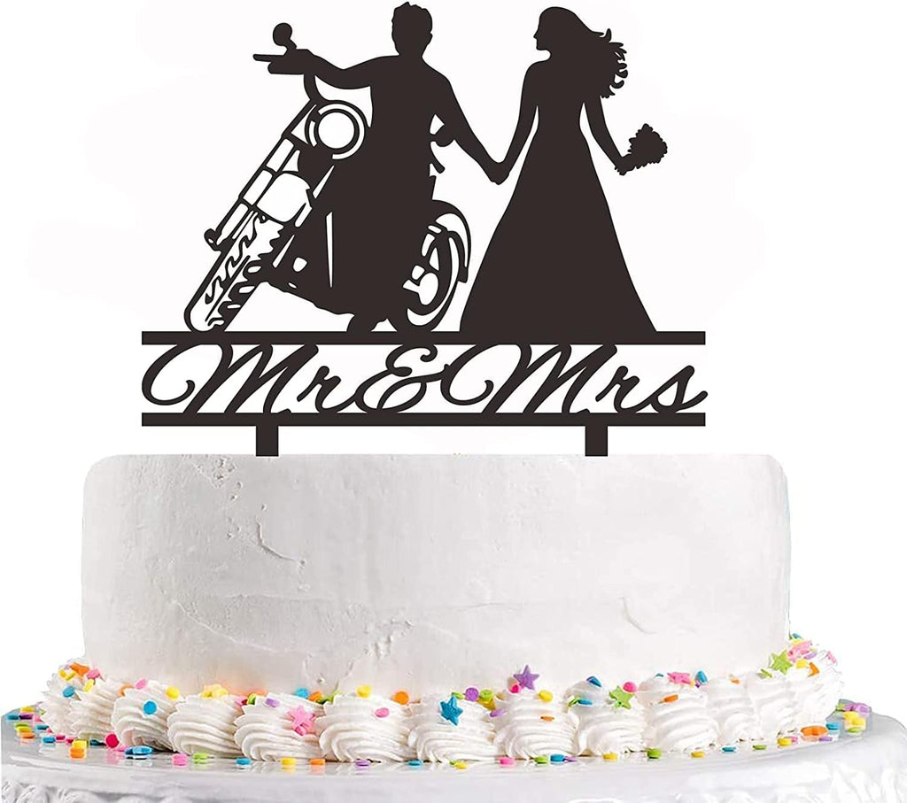 Motorcycle Wedding Cake Topper, Bride and Groom with Motorbike Cake Topper, Funny Motorcycle Couple Cake Decorations for Wedding/Engagement/Bridal Shower Party Decoration