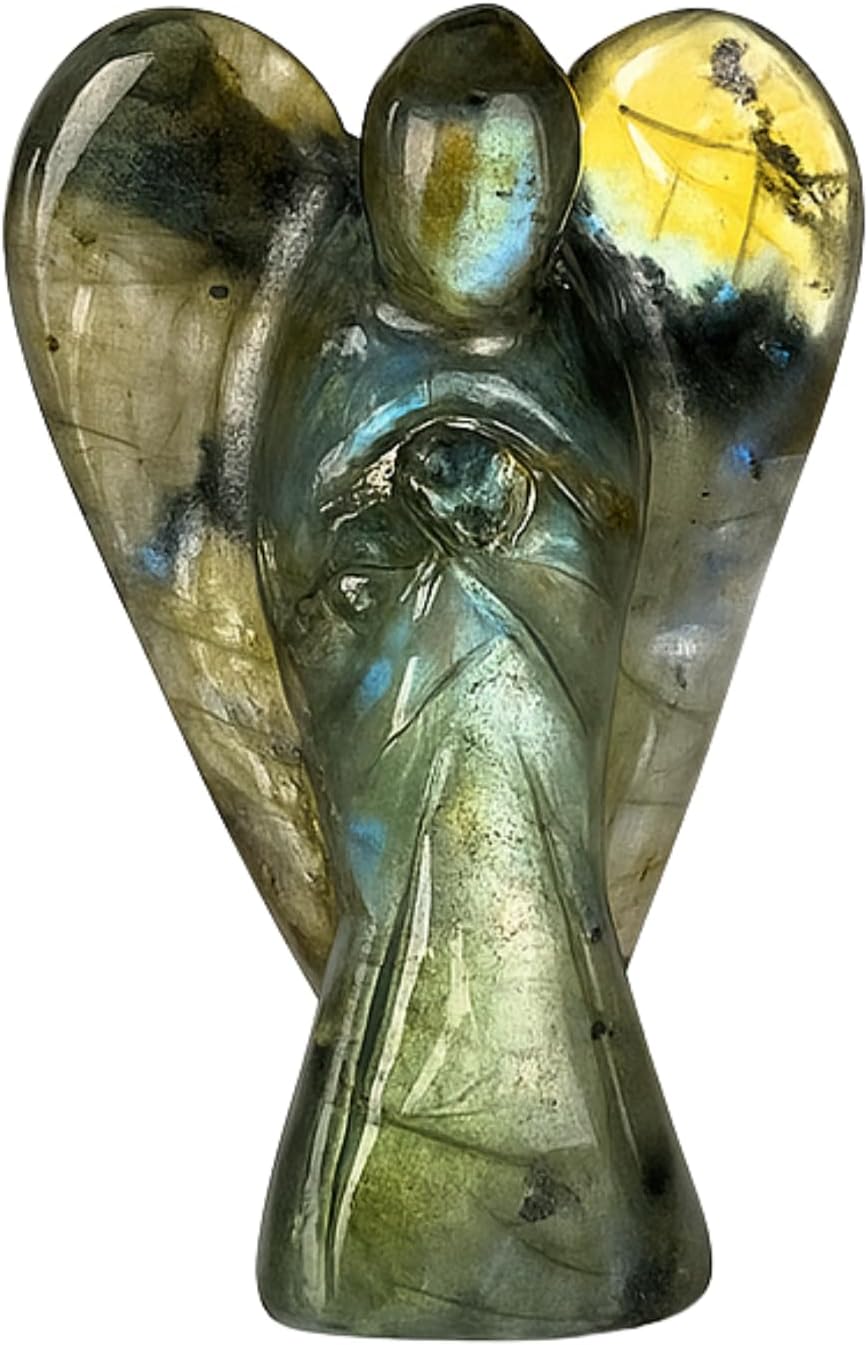 ANAYA AGATE Labradorite Angel Statue 2" Certified Gemstone Guardian Angel Natural Crystal Hand-Carved Angel Charms for Protection, Intuition, Spiritual Connection & Positive Energy Crystal Figurines
