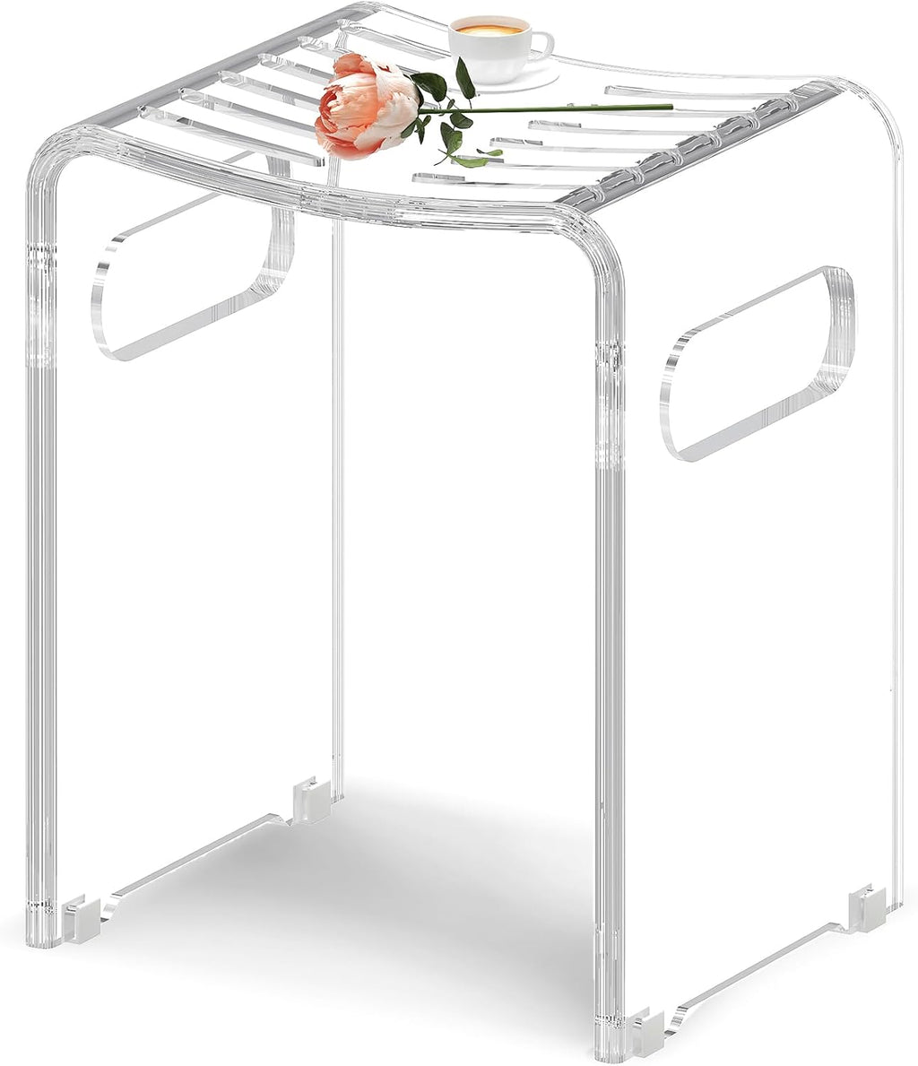 Modern Acrylic Shower Bench, Clear Stool with Anti-Skip Silicone Buckles and 12 Pcs Water Leaking Hole 350 LBS Weight Capacity