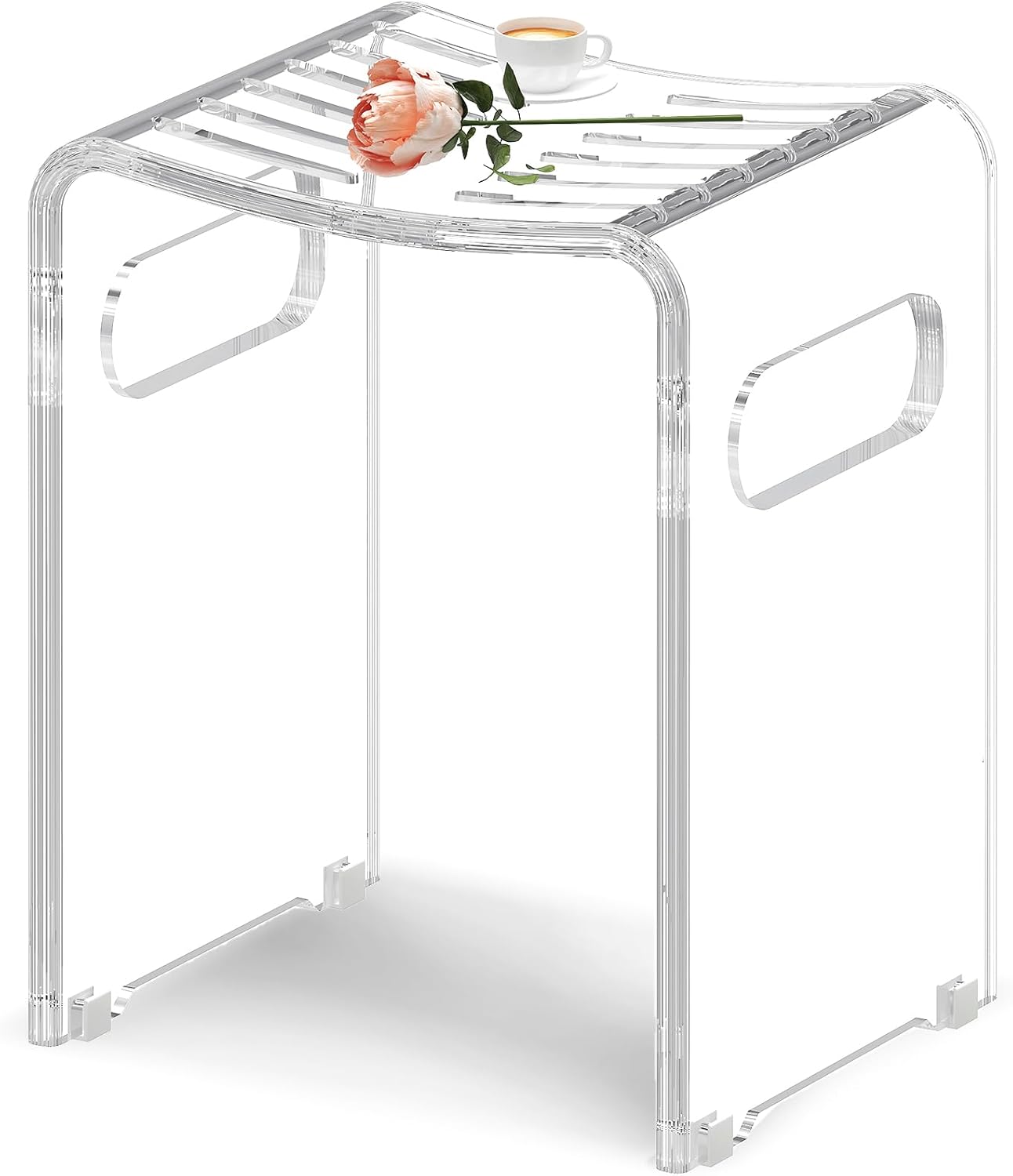 Modern Acrylic Shower Bench, Clear Stool with Anti-Skip Silicone Buckles and 12 Pcs Water Leaking Hole 350 LBS Weight Capacity