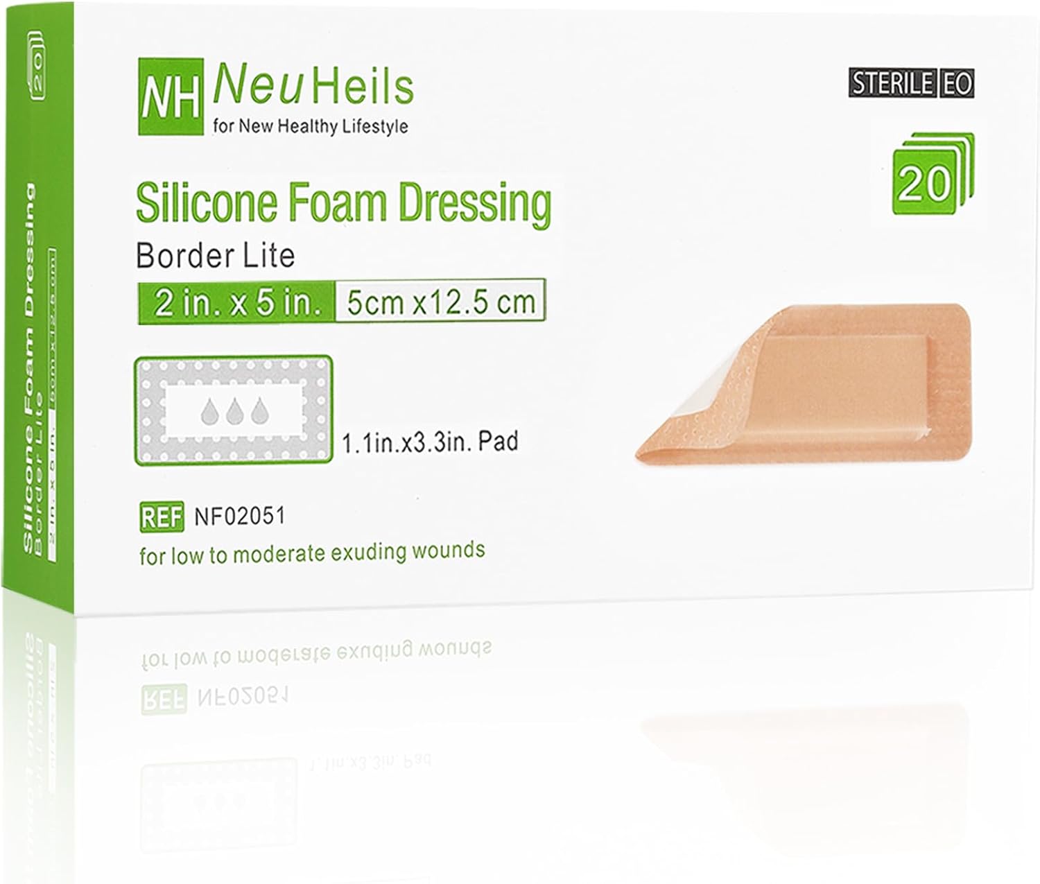 NeuHeils 20 Packs Silicone Foam Dressing Border Lite 2''x5'', Pad Size 1.1''x3.3'', Soft Gentle Would Bandage Patch for Small Bed Sore Pressure Ulcer