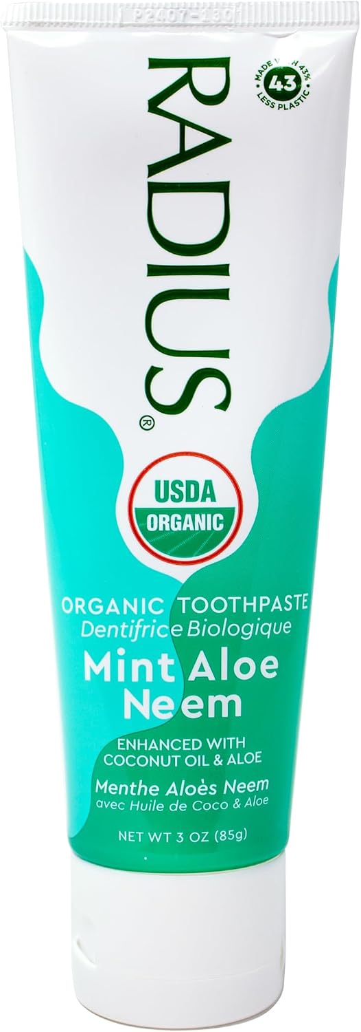Radius USDA Organic Toothpaste, Non Toxic Chemical-Free Gluten-Free Designed to Improve Gum Health & Prevent Cavity - Mint Aloe Neem - 3 Ounce (Pack of 1)